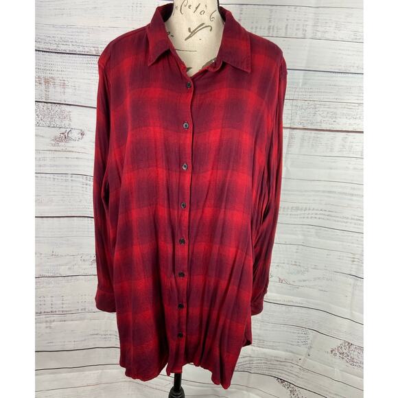 Ava & Viv Button Front Flannel Womens 2X Plaid Red Collar Long Sleeve Tunic - Picture 1 of 10